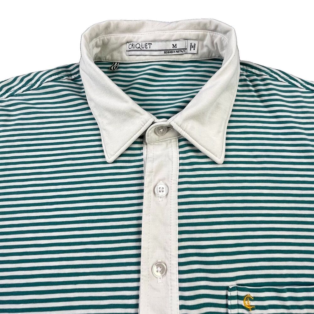 Criquet Polo Shirt Mens Medium Green Striped Pima Cotton Stretch Golf Pocket